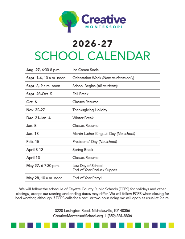 2026-27 Creative Montessori School Calendar